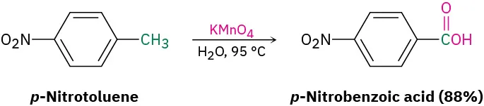 The oxidation reaction of p-nitrotoluene using potassium permanganate and water at 95 degrees Celcius to form p-nitrobenzoic acid (88 percent yield). Methyl group is oxidized to carboxylic acid.