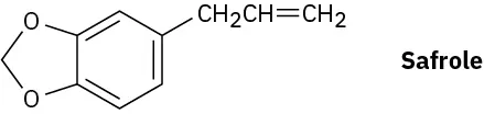 The structure of safrole is a benzene ring with C 1 connected to C 2 by O C H 2 O, and with an allyl group on C 4.