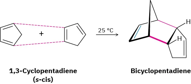 Two molecules of 1,3-cyclopentadiene joined by dash lines (s-cis)  form bicyclopentadiene as the product at 25 degrees Celsius.