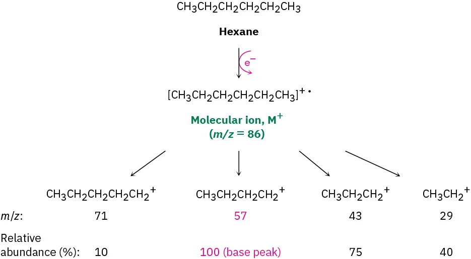 A flowchart of fragmentation of hexane. The base peak is a pentane cation at m / z 57. M / z ratios and relative abundances of other fragments are mentioned.
