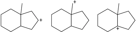 Three structures show cyclohexane fused to cyclopentane with shared methyl. Carbocation at carbon opposite fusion in cyclopentane, on methyl, and at a fusion site in first, second, and third structure.