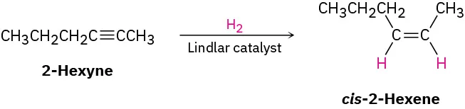 The figure shows 2-hexyne reacting with hydrogen in the presence of Lindlar catalyst to form cis-2-hexene.