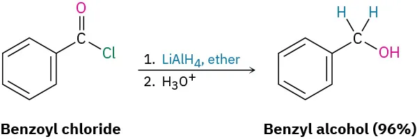 The reaction shows benzoyl chloride with lithium aluminum hydride in ether (step 1) followed by treatment with acid (step 2) to give benzyl alcohol (ninety-six percent), where benzene is attached to a hydroxymethyl group.