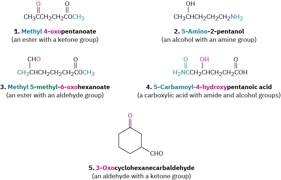 The structures of five compounds named methyl 4-oxopentanoate, 5-amino-2-pentanol, methyl 5-methyl-6-oxohexanoate, 5-carbamoyl-4-hydroxypentanoic acid, and 3-oxocyclohexanecarbaldehyde.