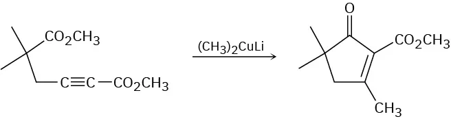 The reaction shows a conjugate addition of dimethyl-5, 5-dimethylhex-2-ynedioate with dimethylcopper lithium forming a product, methyl-2, 4, 4-trimethyl-5-oxocyclopent-1-enecarboxylate.