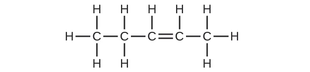 A chain of five C atoms is shown. The first C atom (from left to right) forms a single bond with the second C atom. The second C atom forms a single bond with the third C atom. The third C atom forms a double bond with the fourth C atom. The fourth C atom forms a single bond to the fifth C atom. The first C atom (from left to right) as three H atoms bonded to it. The second C atom has two H atoms bonded to it. The third C atom has one H atom bonded to it. The fourth C atom has one H atom bonded to it. The fifth C atom as three H atoms bonded to it.