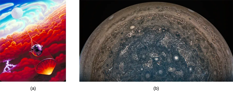 Artist’s depiction of the Galileo Probe entering Jupiter’s atmosphere. At upper left the parachute is seen, connected by a cable to the spherical-shaped probe near the center of the illustration. At lower right, the protective heat shield falls ahead of the probe, protecting it from the heat of entry.