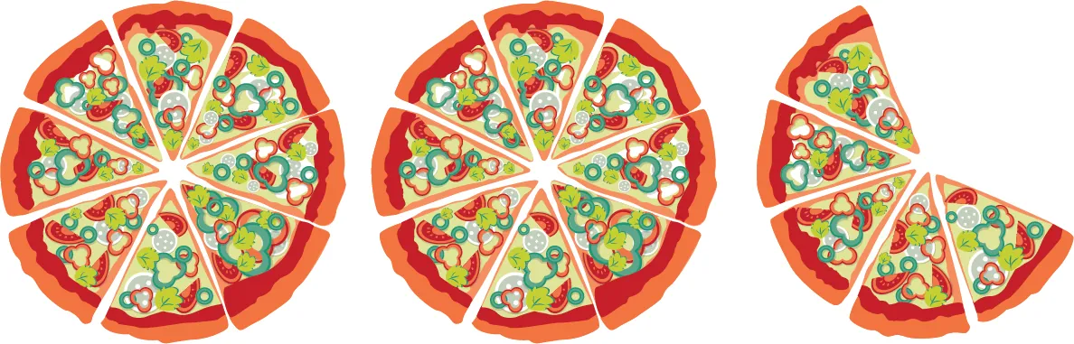 Two whole pizzas and 5 slices of a third pizza. The whole pizzas have 8 slices each.