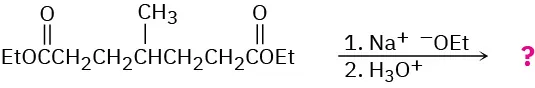 Diethyl-4-methylheptanedioate reacts with sodium ethoxide (first step) and hydronium (second step) to give unknown products, depicted by a question mark.