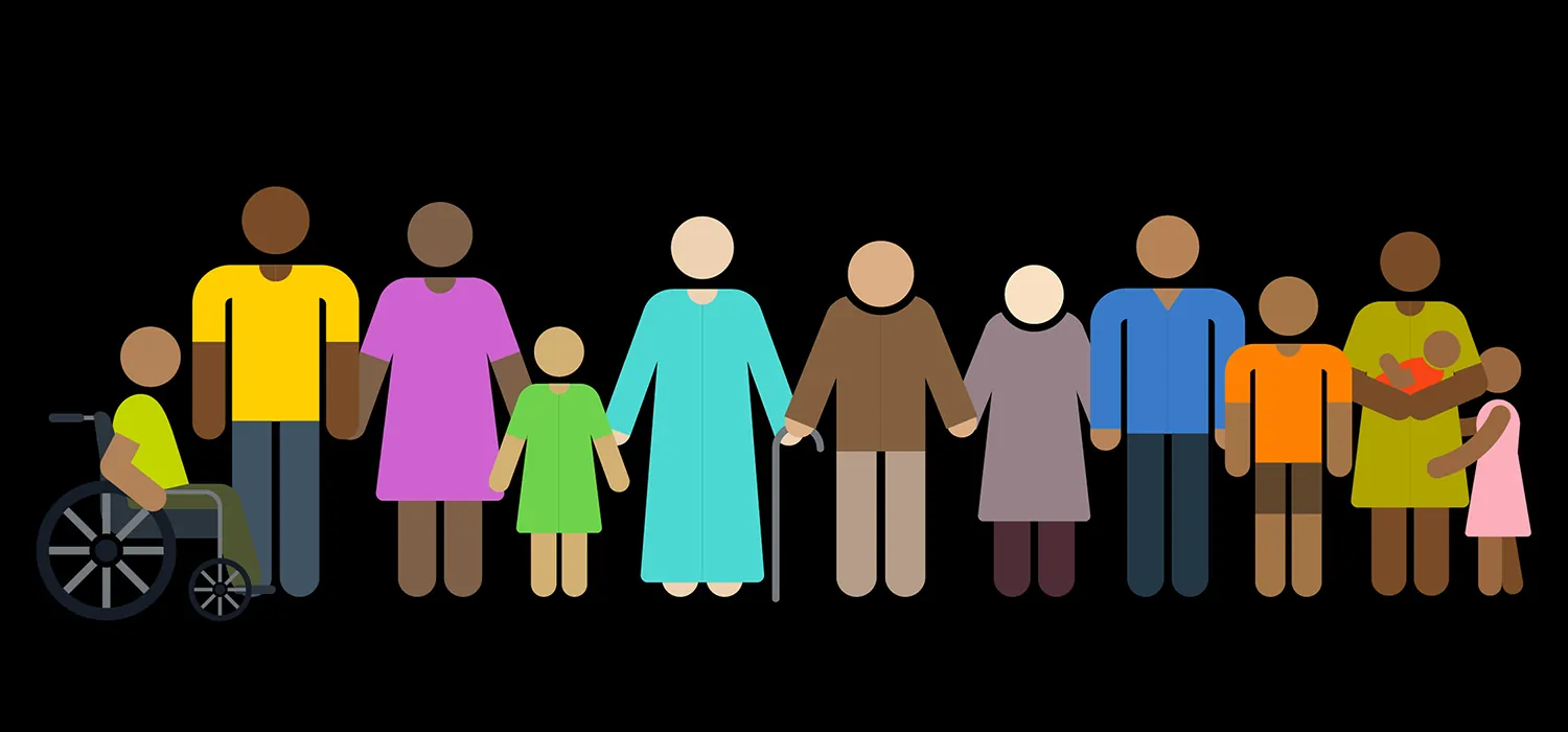 A drawing shows a number of stick figures of different sizes, with different skin colors. Some are wearing pants and shirts, others are wearing dresses. There is a stick figure in a wheelchair and a baby being cradled in a grownups arm.