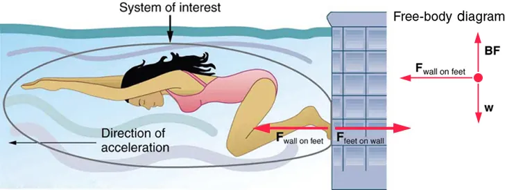 A swimmer is underwater and is facing to the left. Her feet are on a wall and she is using her feet to get ready to push forward off the wall. She will accelerate in a direction opposite to the force of her feet pushing on the wall. This opposition is the result of Newton’s third law of motion, which dictates that the wall exerts a force on the swimmer that is equal in magnitude but that acts in the direction opposite to the force that the swimmer exerts on the wall. A free body diagram is shown to illustrate the force of the wall on the feet, the buoyancy force pushing upward on the girl, and the weight of the girl pushing downward.