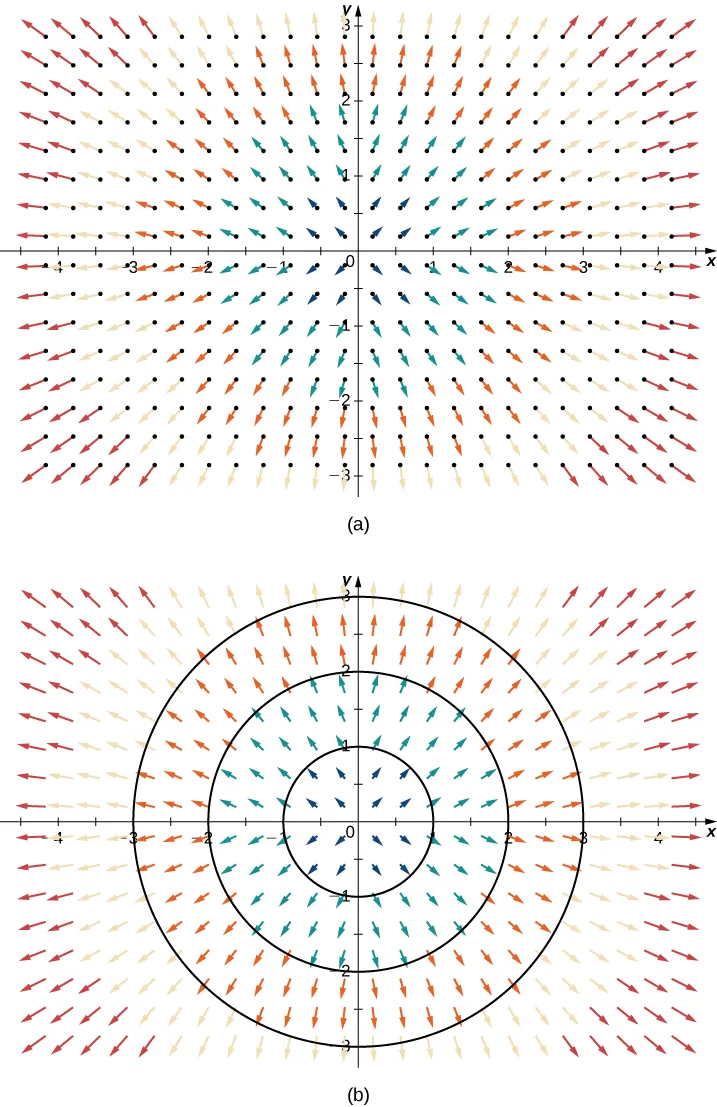 Visual representations of a radial vector field on a coordinate field. The arrows are stretching away from the origin in a radial pattern. The magnitudes increase the further the arrows are from the origin, so the lines are longer. The second version shows concentric circles around the origin to highlight the radial pattern.