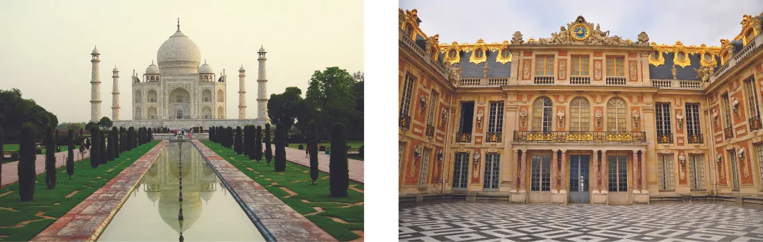 One photo shows the Taj Mahal, which is a large, grand, white marble mausoleum in India, with its rectangular reflecting pool. A second photo shows the Palace of Versailles, which is a very ornate, royal palace in France.