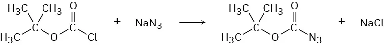 The reaction of tert-butyl chloroformate with sodium azide forming an azide derivative in which the chlorine atom is replaced by an N 3 (azide) group at the carbonyl carbon.
