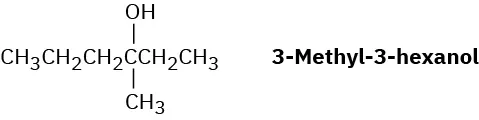An illustration shows the structure of 3-Methyl-3-hexanol. A central carbon is bonded to a hydroxyl group at the top  methyl group at the bottom  an ethyl group on the right  and a propyl group on the left.