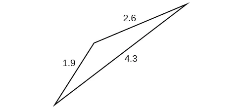 Un triángulo con lados 1,9, 2,6 y 4,3. Ángulos desconocidos.