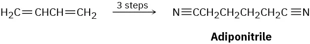 A 3-step reaction shows the formation of adiponitrile from 1,3-butadiene