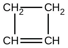 Se muestra una fórmula estructural del ciclobuteno. La figura tiene dos grupos CH subíndice 2 como los dos vértices superiores de una estructura cuadrada. Estos grupos están conectados por un único y corto segmento de línea. Los segmentos de línea se extienden por debajo de cada uno de estos grupos CH subíndice 2 hasta los grupos CH situados en los dos vértices inferiores de la estructura cuadrada. Los grupos CH están conectados con un segmento de línea doble que indica un doble enlace.