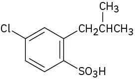 Benzene with C 1, C 2, and C 4 bonded to a sulfonic acid group, a 3-carbon chain with a methyl group at C 2, and a chlorine atom, respectively.