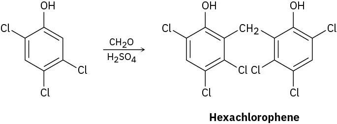Benzene bonded to three chlorine atoms and a hydroxyl group reacts with formaldehyde in the presence of sulfuric acid to form hexachlorophene.