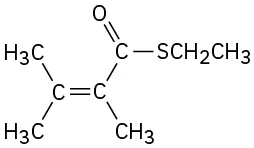 The structure shows a thioester where thioethyl and 2,3-dimethylbut-2-ene groups are attached to the carbonyl carbon.
