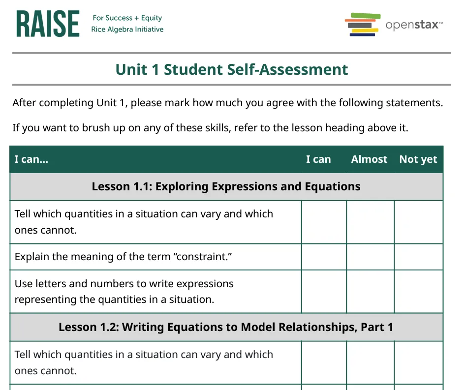 A screenshot from the curriculum showing a student self-assessment form.