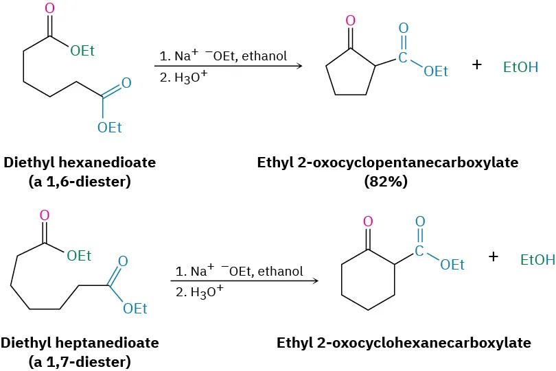 The first reaction converts diethylhexanedioate (1,6-diester) to ethyl-2-oxocyclopentanecarboxylate (eighty-two percent) and ethanol. Second reaction converts diethylheptanedioate (1,7-diester) to ethyl-2-oxo-cyclohexanecarboxylate and ethanol. The reagents are sodium hydroxide, ethanol and hydronium ion.