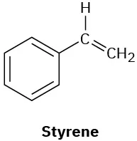 A chemical structure of styrene (vinyl benzene).