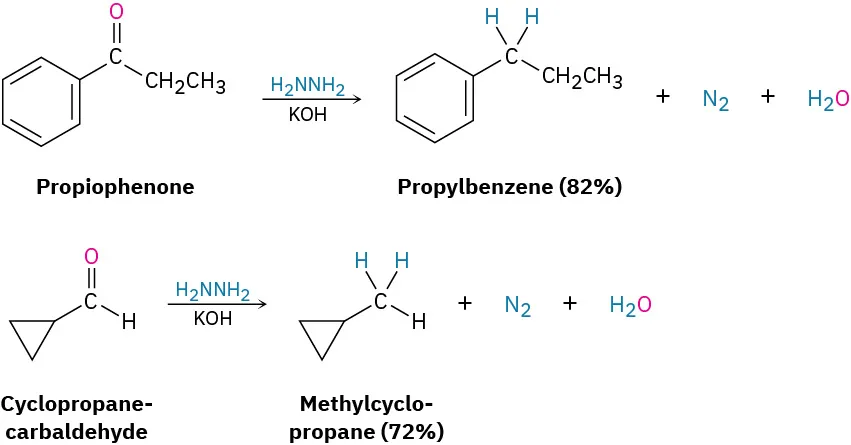 Propiophenone reacts with hydrazine and potassium hydroxide to yield propylbenzene, nitrogen, and water. Cyclopropanecarbaldehyde reacts with hydrazine and potassium hydroxide to produce methylcyclopropane, nitrogen and water.
