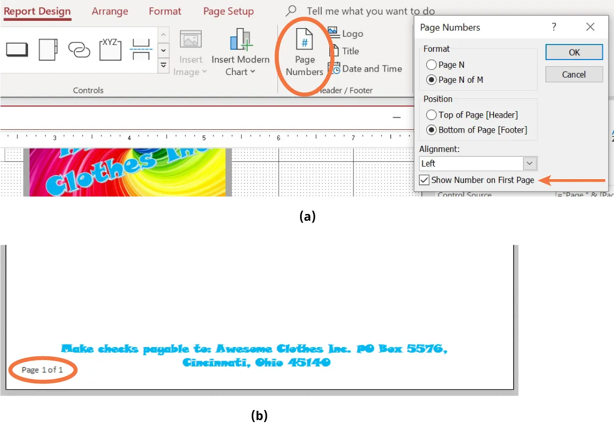 (a) Page Numbers is selected, displays Format (Page N of M), Position (Bottom of Page [Footer]), and Show Number on First Page (checked). (b) Page 1 of 1 shows on bottom left.