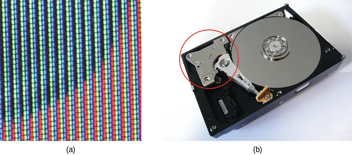 This figure contains two images. Figure a shows a background with approximately half of the background to the upper right covered by a dark blue quarter circle. The remainder of the background is red. On top of this surface are 15 vertical columns of light blue dots, which are evenly spaced with gaps between them approximately equal to the width of the columns. In figure b, a computer hard drive is shown. It consists of a thin black plastic rectangular frame on which a thin disk with a metallic appearance is placed. A curved grey shape lies outside of this disk in the rectangular frame and is circled in red. This curved shape has a thin, pointed extension that reaches to the surface of the metallic disk.