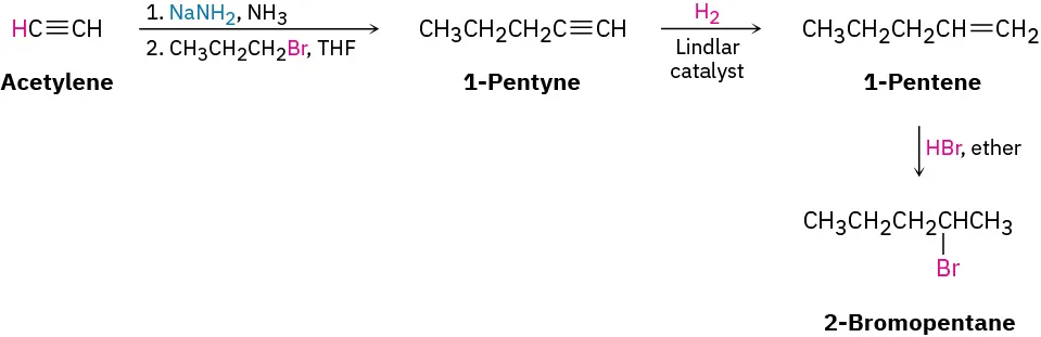 Acetylene reacts with sodium amide, ammonia, bromopropane, in tetrahydrofuran to form 1-pentyne. It reacts with hydrogen, Lindlar catalyst to form 1-pentene which reacts with HBr in ether to form 2-bromopentane. 
