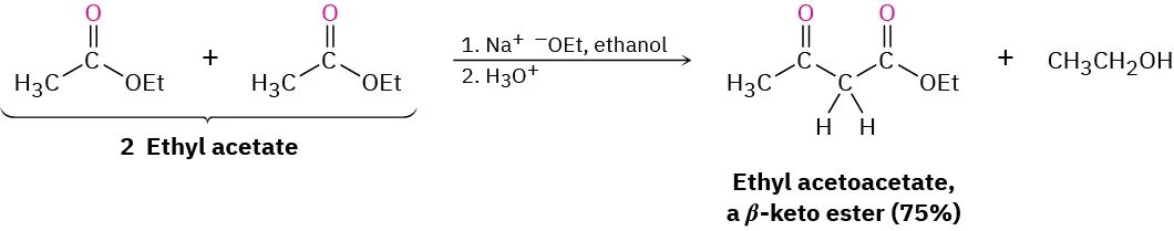 Two ethyl acetate molecules react with sodium ethoxide in ethanol followed by hydronium to produce ethyl acetoacetate, a beta-keto ester (seventy-five percent), and ethanol.