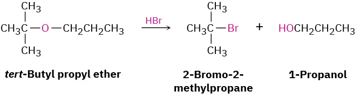 Tert-butyl propyl ether reacts with hydrogen bromide to produce 2-bromo-2-methylpropane and 1-propanol.