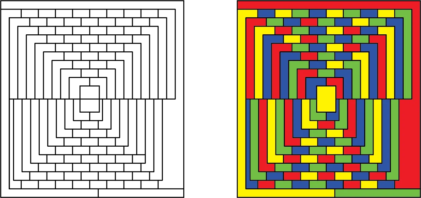 Two figures. The first figure shows a rectangle divided into several small blocks. The second figure is the same as that of the first figure with the addition that the blocks are shaded in 4 different colors.