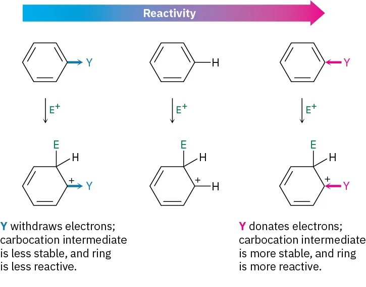 The difference in rate of reaction of benzene with a Y group withdrawing electrons, no Y group, and a Y group donating electrons is shown.