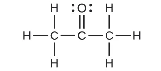 A Lewis structure is shown in which a carbon atom is single bonded to three hydrogen atoms and a second carbon atom. This second carbon atom is, in turn, double bonded to an oxygen atom with two lone pairs of electrons. The second carbon atom is also single bonded to another carbon atom that is single bonded to three hydrogen atoms.