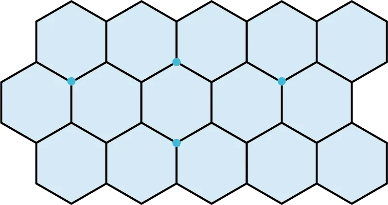 A tessellation pattern is made up of 18 hexagons. Four points are marked at eight different vertices.