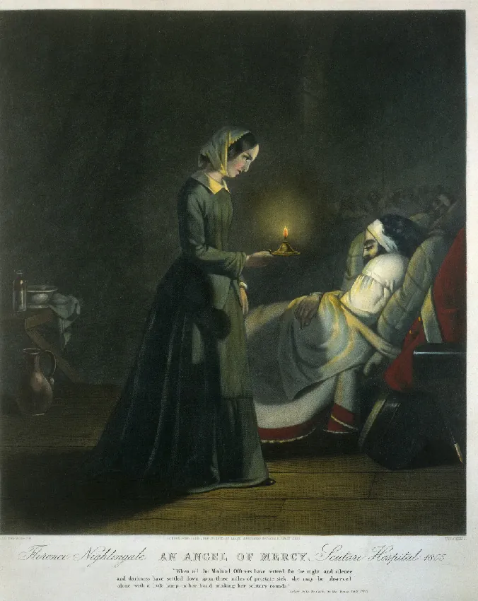 An engraving of Florence Nightingale walking between rows of soldiers who are sleeping close together on cots.
