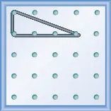 The figure shows a grid of evenly spaced pegs. There are 5 columns and 5 rows of pegs. A rubber band is stretched between the peg in column 1, row 1, the peg in column 1, row 2 and the peg in column 4, row 2, forming a right triangle. The 1, 2 peg forms the vertex of the 90 degree angle and the line from the 1, 1 peg to the 4, 2 peg forms the hypotenuse of the triangle.