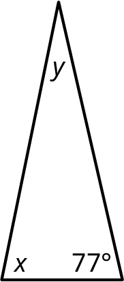A triangle with its interior angles marked x, y, and 77 degrees.