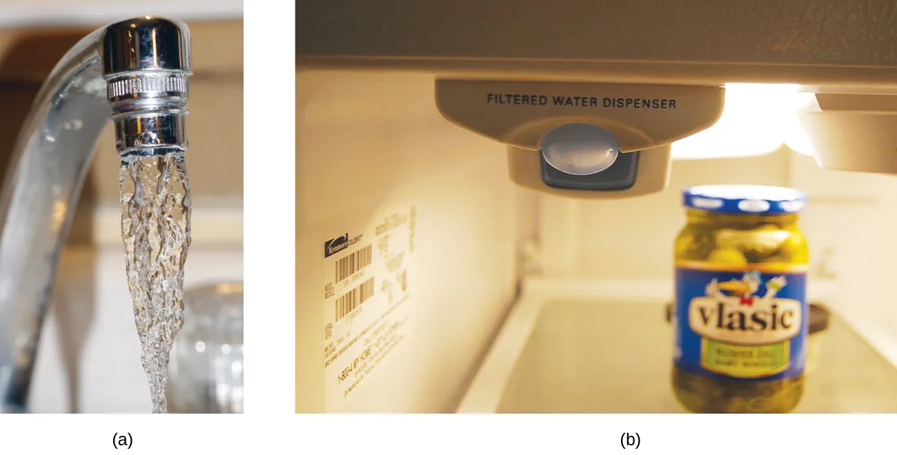 Se muestran dos imágenes marcadas como a y b. La imagen a es un primer plano del agua que sale de un grifo. La imagen b muestra una máquina con las palabras "Dispensador de agua filtrada”. Esta máquina parece estar dentro de un refrigerador.