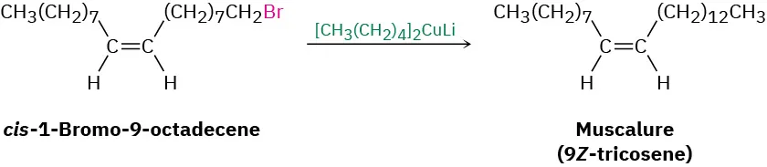 The reaction of cis-1-bromo-9-octadecene with lithium dipentylcopper form muscalure (9Z-tricosene).