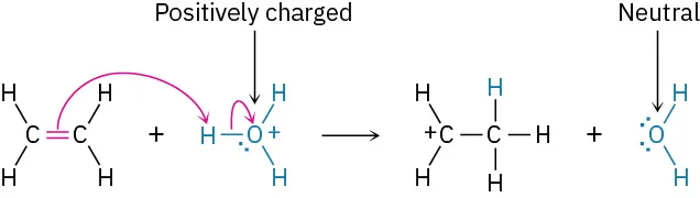 A reaction mechanism shows ethene reacting with hydronium ion to form a carbocation and neutral water molecule. The oxygen in water molecule is labeled as neutral.