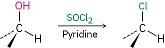 The reaction of secondary alcohol with thionyl chloride in the presence of pyridine forms alkyl chloride where the OH in the reactant is replaced by Cl in the product.