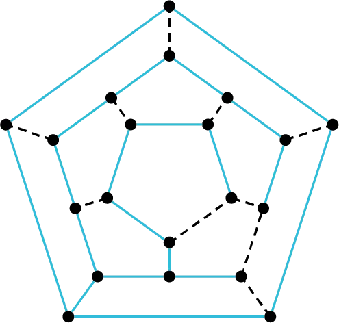 A 2 D view of a dodecahedron. The edges are highlighted.