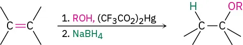 Tetramethylethylene reacts with alcohol and mercury(2) acetate, then sodium borohydride in an oxymercuration-demercuration reaction, forming an ether product.