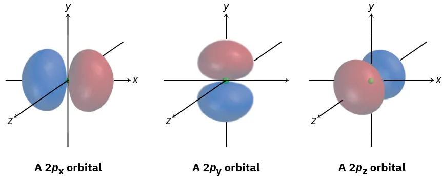 The orientations of 2px, 2py, and 2pz orbitals with lobes along the x, y, and z-axis respectively.