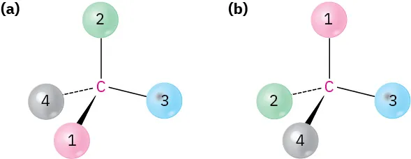 A carbon single bonded to 2 and 3, wedge to 1, and dash to 4. Another carbon single bonded to 1 and 3, wedge to 4, and dash to 2.