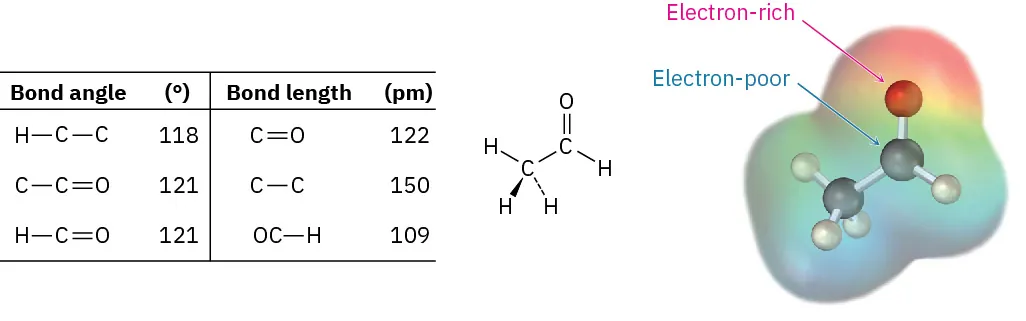 The structure and ball-and-stick model in the electrostatic potential map of acetaldehyde. Values of bond lengths and bond angles are mentioned. Electron-rich and electron-poor atoms in the model are labeled.
